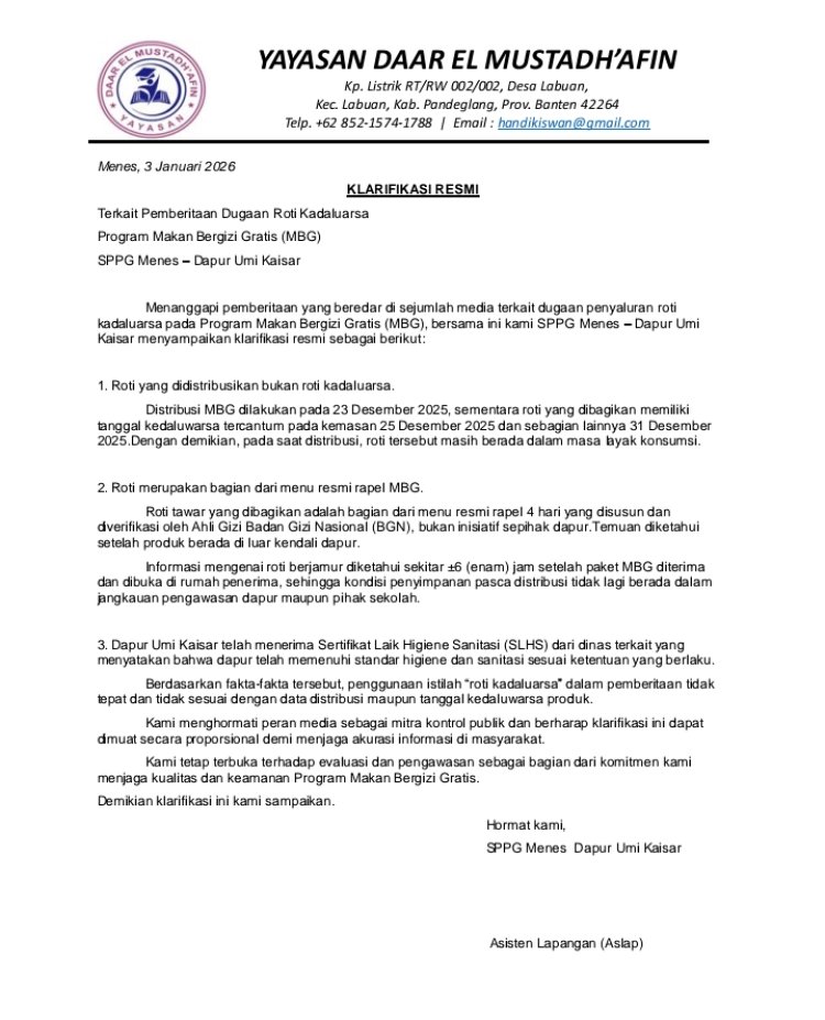 Klarifikasi Resmi Pihak Dapur MBG Umi Kaisar Surat Klarifikasi Yang Diterbitkan Yayasan DAAR El MUSTADH'AFIN Memicu Kemarahan Publik