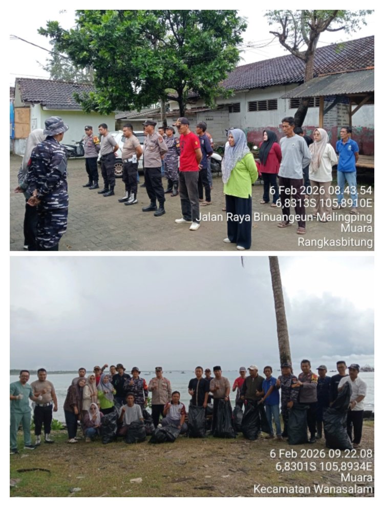 TNI Al, Polri Dan Pihak Desa Laksanakan Kegiatan Bersih Bersih Di Area Pinggir Pantai Desa Muara Binuangeun 